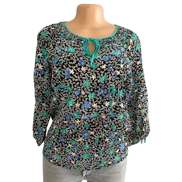 Yumi Kim Silk Floral Print Blouse Black and Blue - Picture 1 of 9